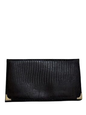 LIZARD - BLACK EMBOSSED LIZARD SKIN LEATHER LONG BIFOLD WALLET WITH GOLD EDGES